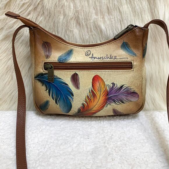 ANUSCHKA Colorful Small Hand Painted Leather "FEATHERS" Zip Top Organizer XBody - Picture 15 of 16